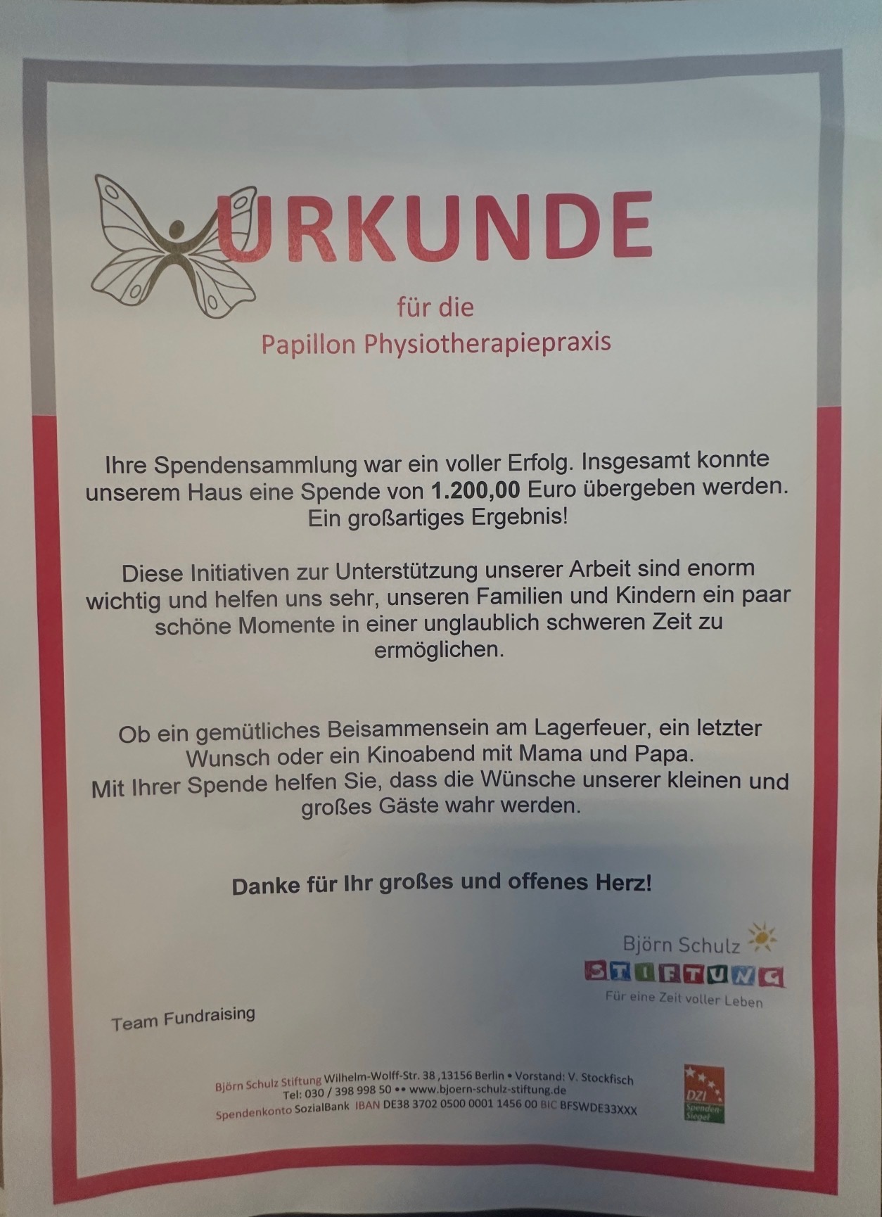 Urkunde für die erfolgreiche Spendensammlung der Papillon Physiotherapiepraxis